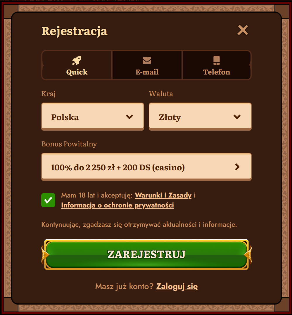 Rejestracja konta gracza w serwisie Wild Robin