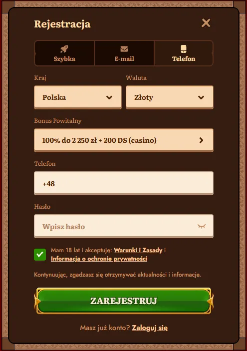 Rejestracja konta gracza w serwisie Wild Robin